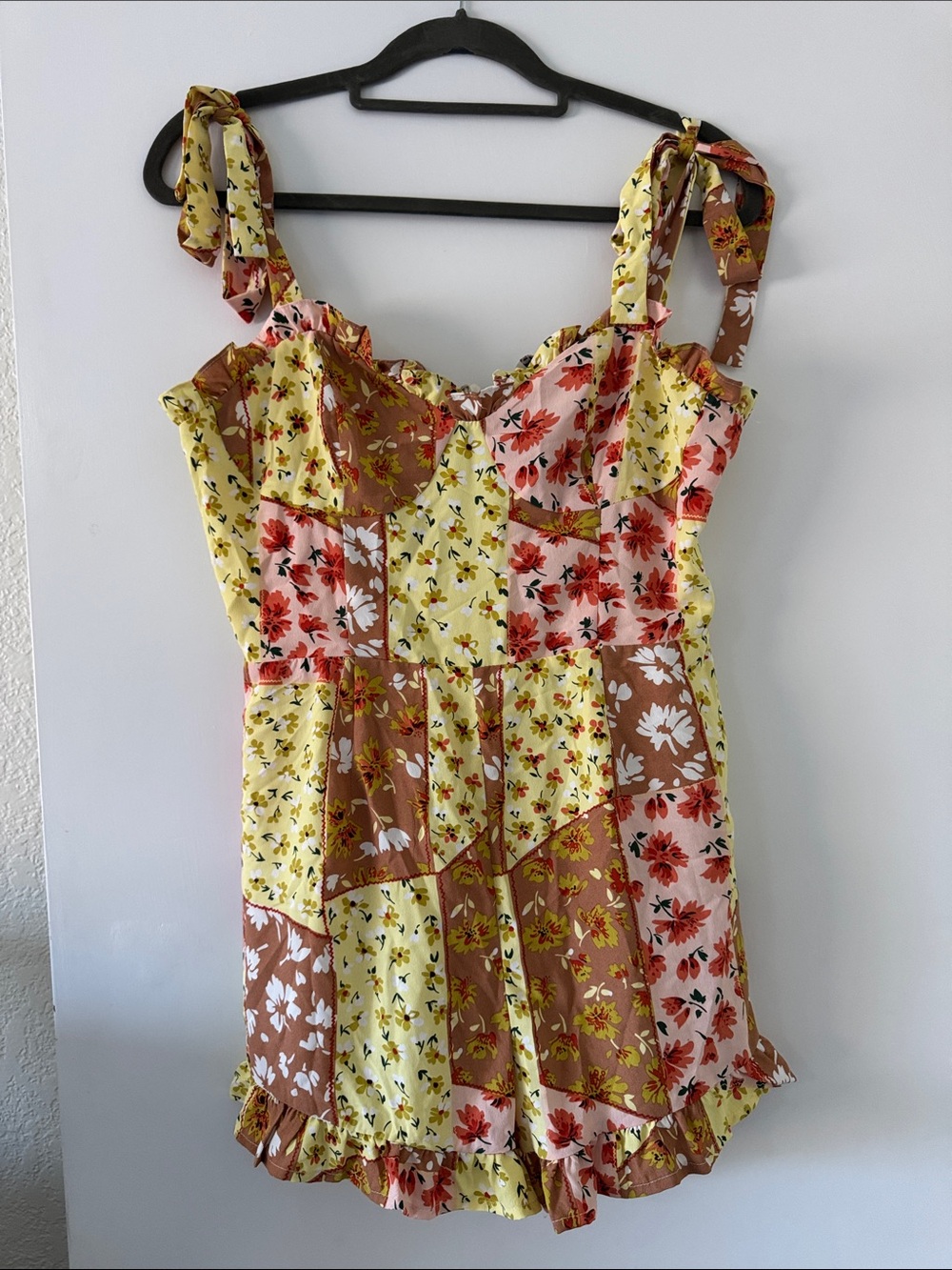 essue Patchwork Floral Tie-Shoulder Romper in Yellow, Brown & Pink